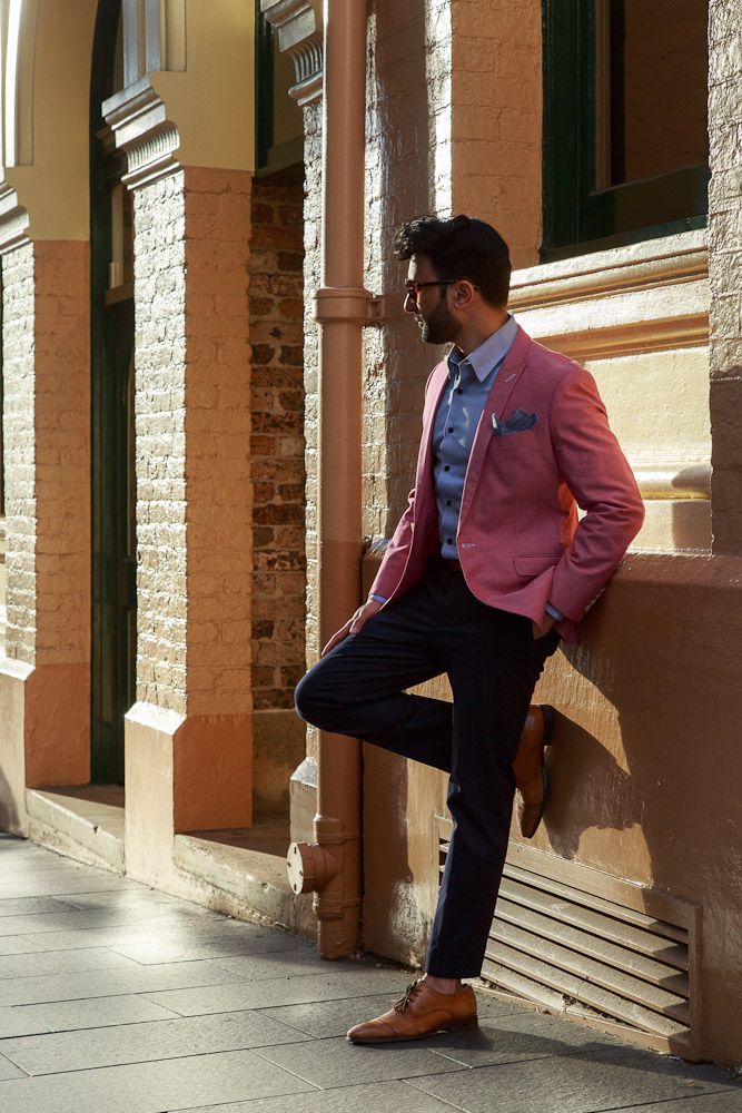 Business Casual Pink Jacket Blue Chinos Brown Shoes