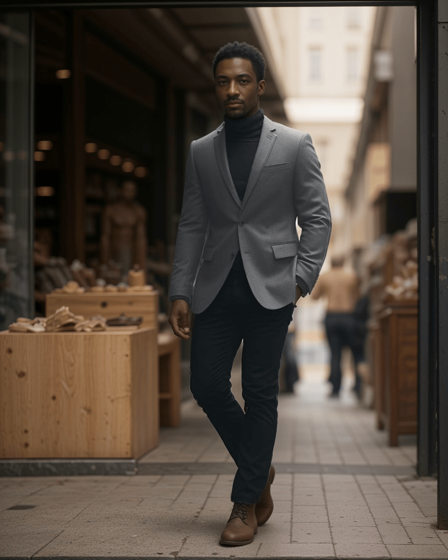 smart casual monochromatic black turtleneck black pants grey blaze